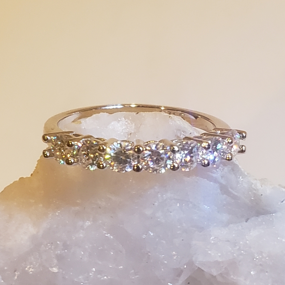 2 Ct Moissanite Ring, 7 Stones, Rodium on Sterling Silver with Certificate